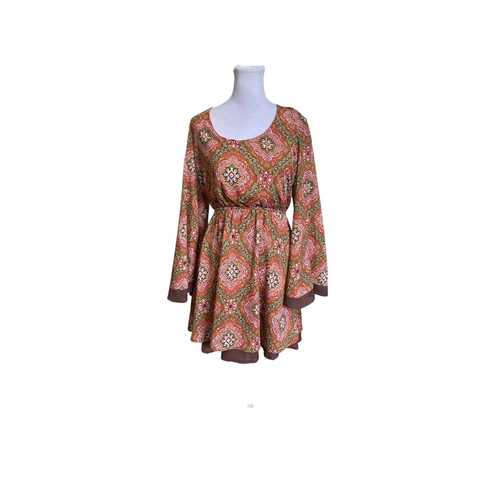 Judith March Womens Retro Paisley Bell Sleeve Open Back Bow Mini Dress Medium